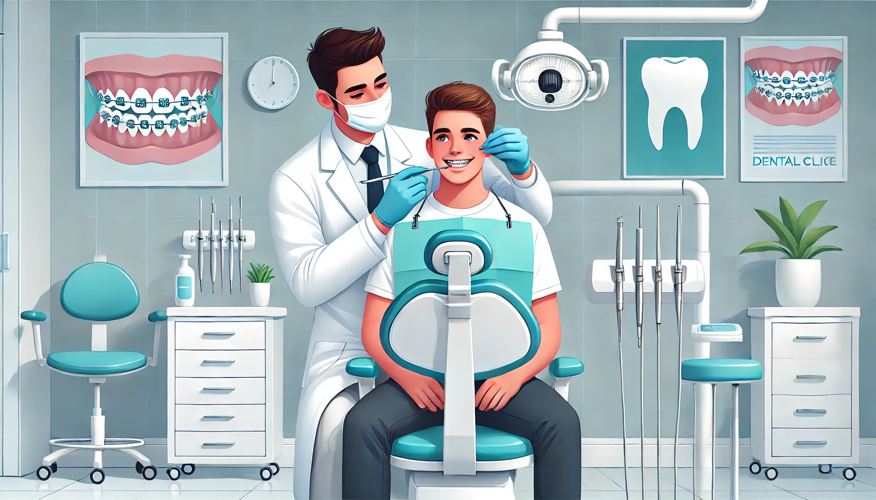 A modern and professional dental clinic scene with a dentist placing braces on a smiling patient. The dentist is wearing a white coat, gloves, and a mask, using dental tools to apply the braces. The patient, either male or female, has a confident and satisfied expression. The clinic is clean and well-organized, with a dental chair, treatment light, and medical tool storage in the background. A clinic logo or an educational dental care poster is visible on the wall. The color scheme should be bright and calming, with pastel shades like white, light blue, and soft green. The image should have a clean, modern look with a realistic or vector-style illustration to appeal to an audience interested in braces and dental care.